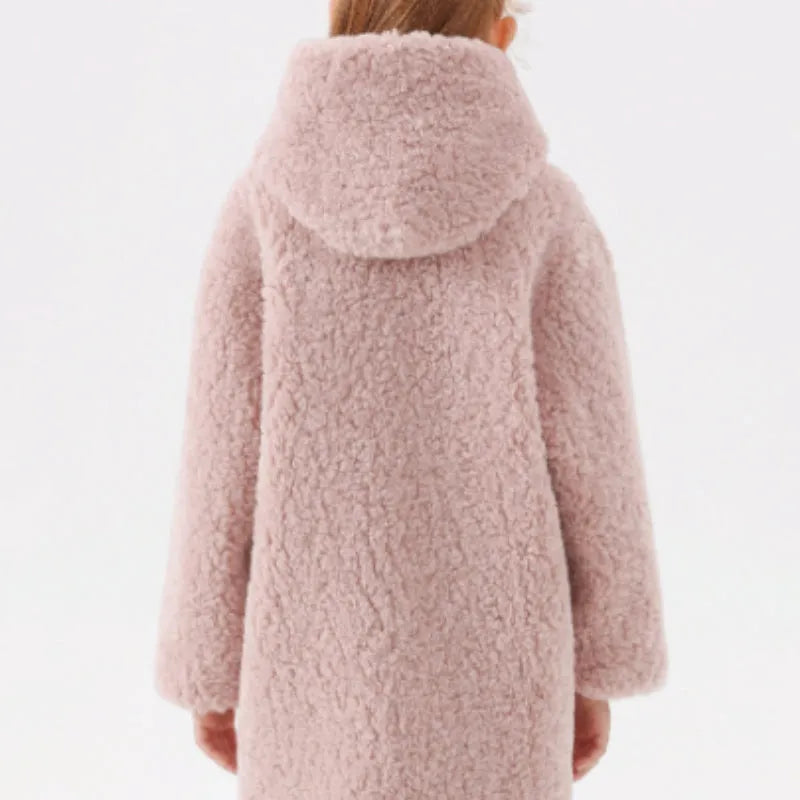 Girls imitation lamb wool mid-length polyester winter coat in pink, grey and white on a hanger