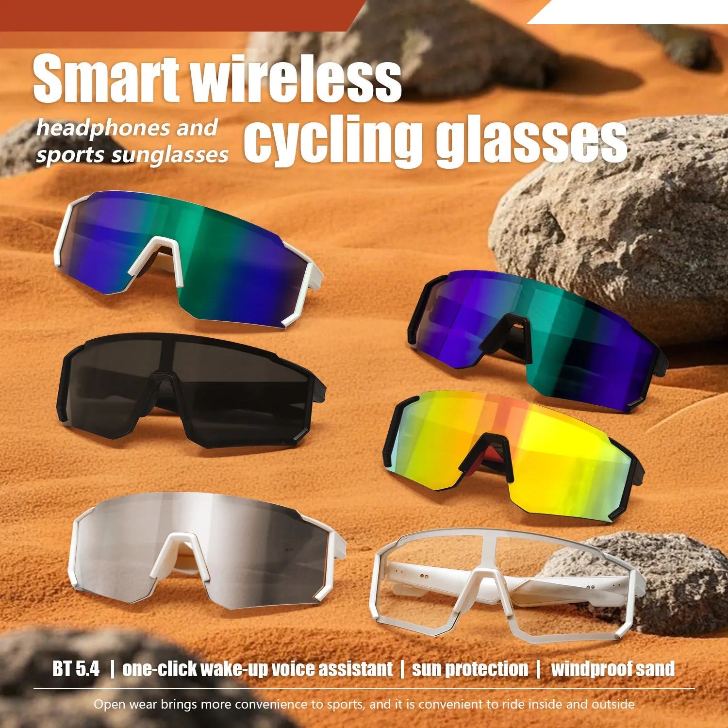 Cycling Bluetooth glasses in black with built-in music audio windproof design PC frame