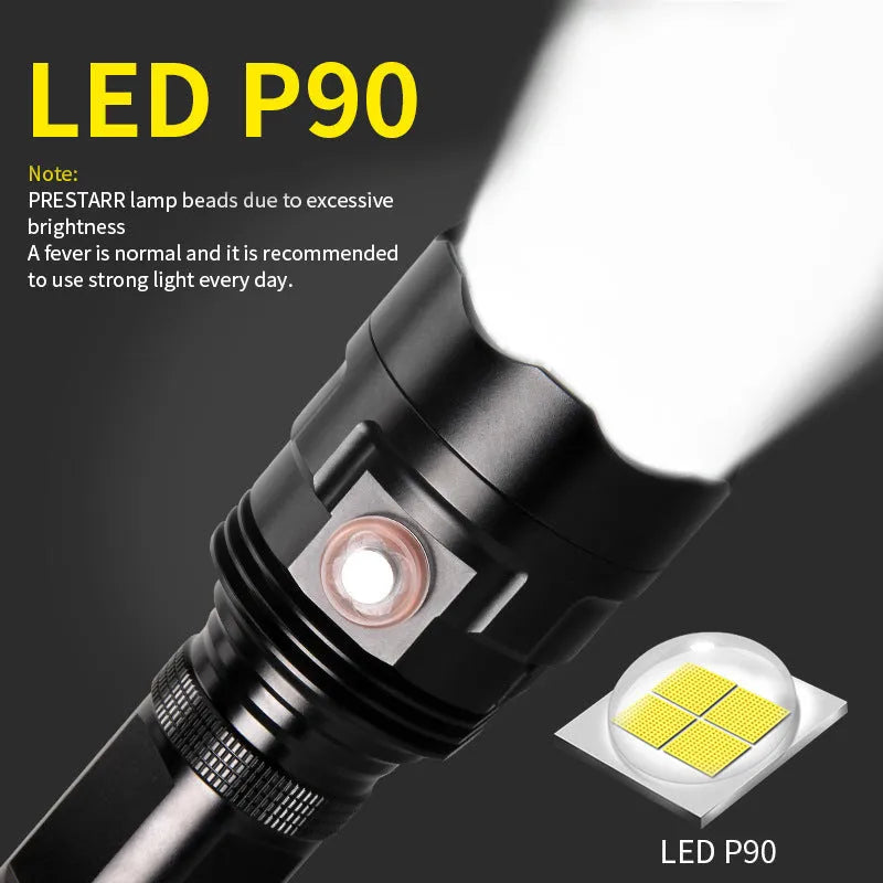 Black aluminium alloy tactical flashlight with large head, shown with USB cable and yellow packaging box.