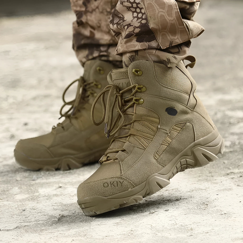 Brown outdoor tactical boots with non-slip sole and round toe for hiking and desert combat