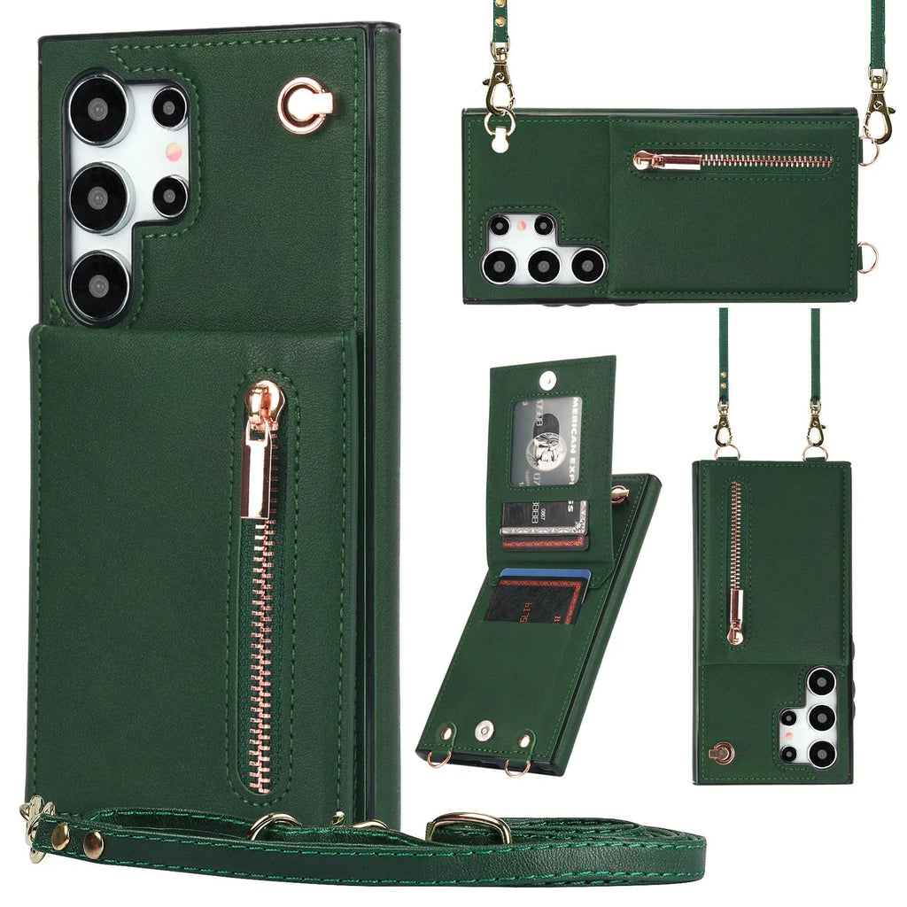 Black leather crossbody phone case with card slots showing Samsung Galaxy phone compatibility