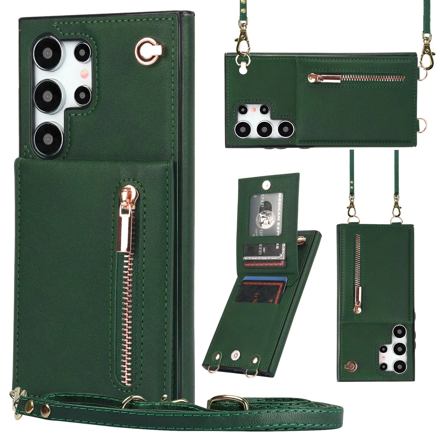 Black leather crossbody phone case with card slots showing Samsung Galaxy phone compatibility
