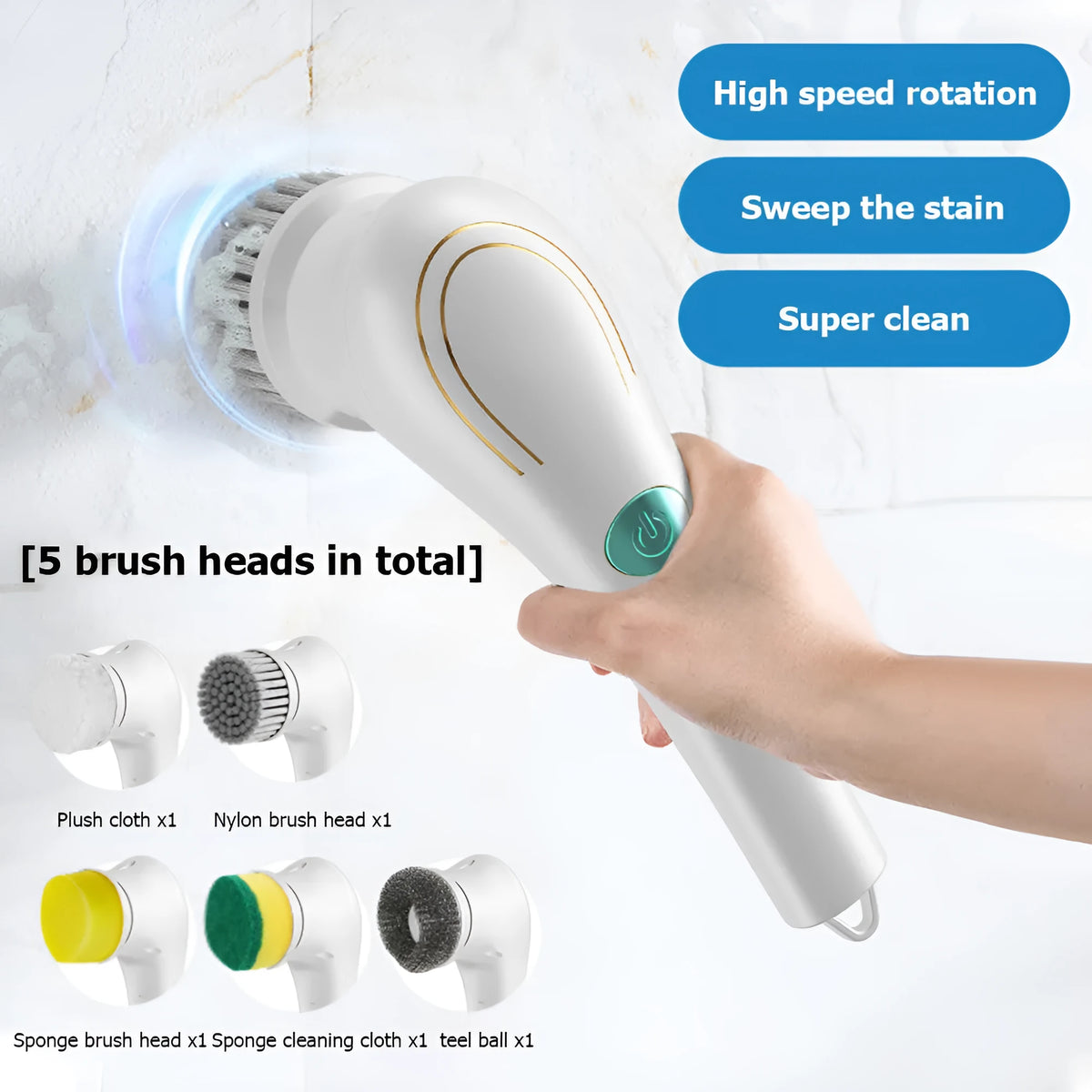 White cordless electric handheld scrubber with five interchangeable brush heads and USB charging cable