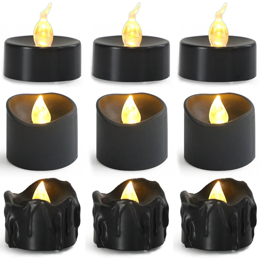 12 pack LED Christmas candles with black shell design and yellow flash style