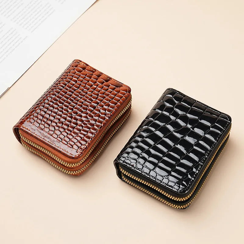 Large capacity card sleeve zipper coin purse with crocodile pattern and small double pull, in multiple colours, for women