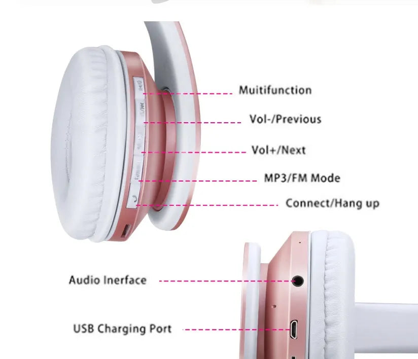 Wireless Bluetooth headset with 10 metre range, bilateral stereo, IPX3, 9 hour battery, in black red, black blue, gold or rose gold.