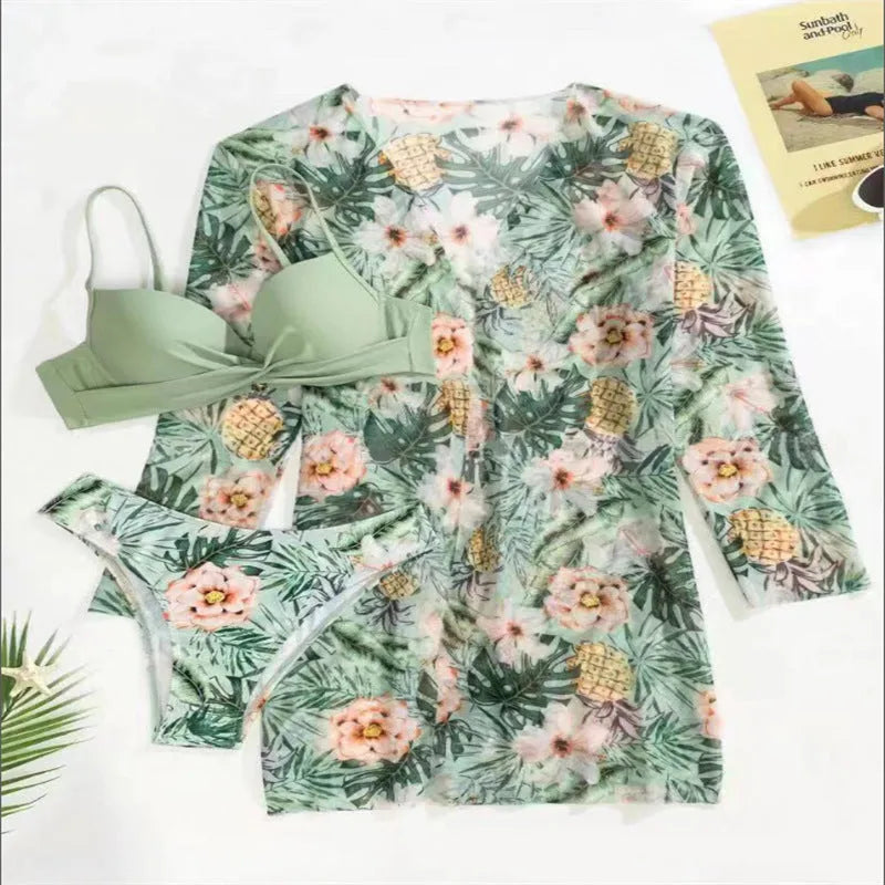 European and American three-piece swimsuit set with blouse, bra, and pants in polyester, available in multiple colours