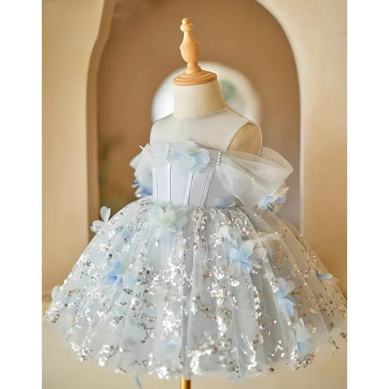 Girls blue princess dress with polyester lining, suitable heights 80cm to 150cm