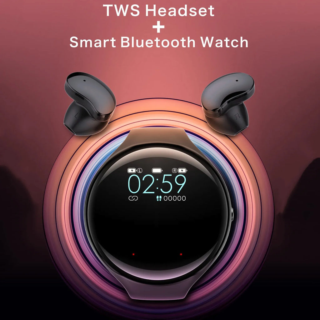 Black smart bracelet with detachable wireless earphones showing colour screen display