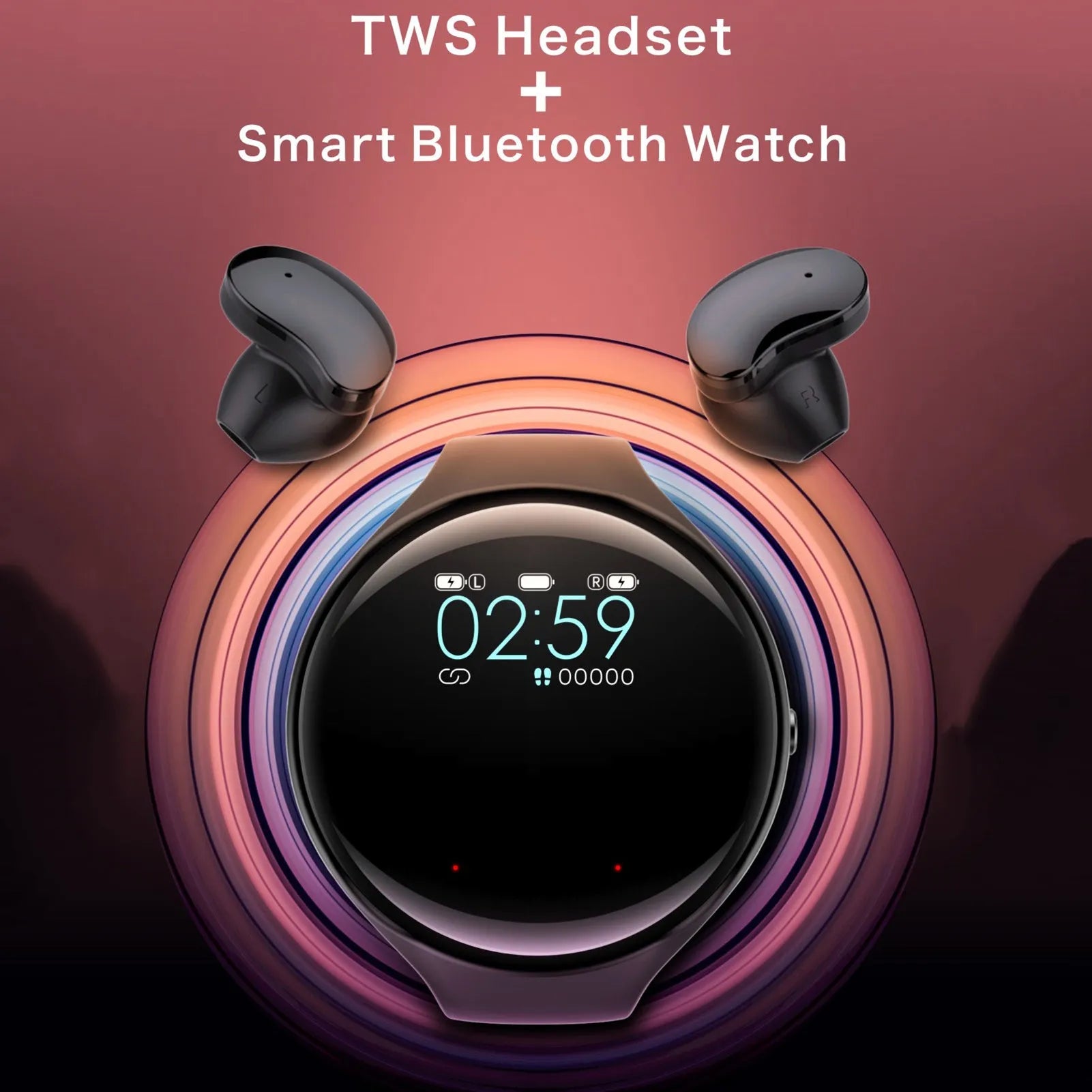 Black smart bracelet with detachable wireless earphones showing colour screen display