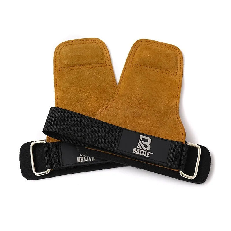 A pair of brown leather wrist protectors for fitness, shown as grip strength bands.