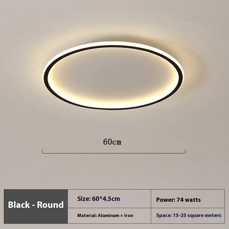 Minimalist circular LED ceiling lamp in black, gold or white finish, shown in 60cm and 80cm sizes.