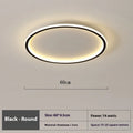 Minimalist circular LED ceiling lamp in black, gold or white finish, shown in 60cm and 80cm sizes.