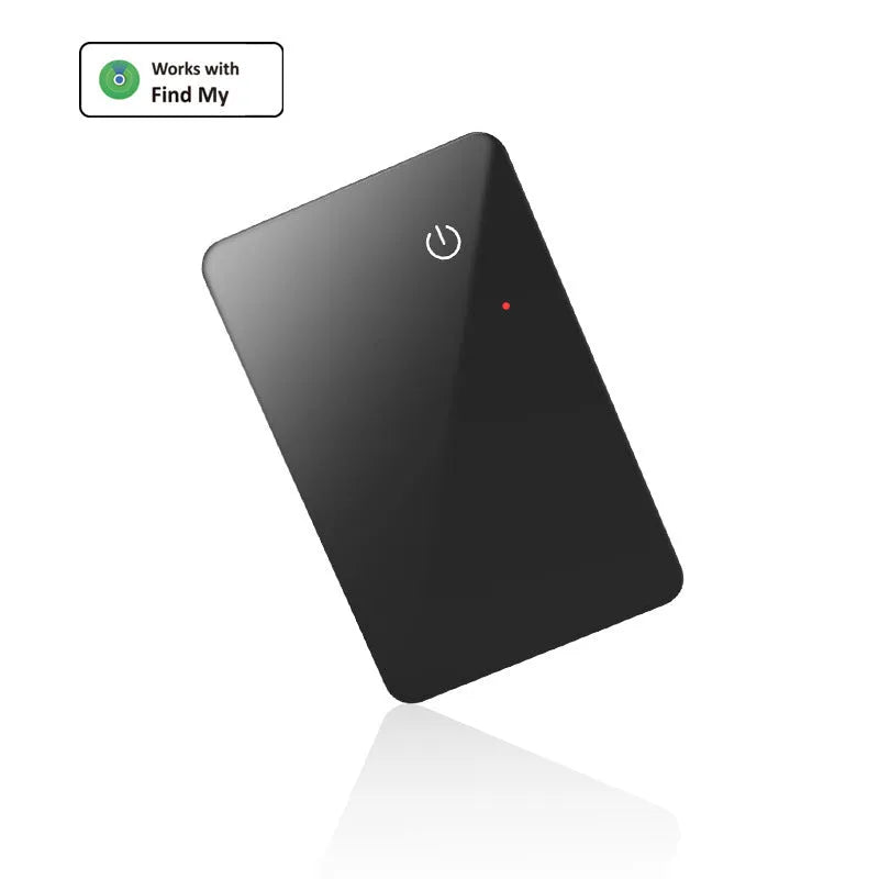 Black rectangular pet tracker card with hanging hole, showing NFC and wireless charging features
