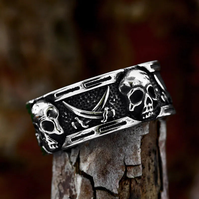 Steel Warrior men's titanium steel skull ring in retro punk style on a black background, showing the skull motif and metal finish