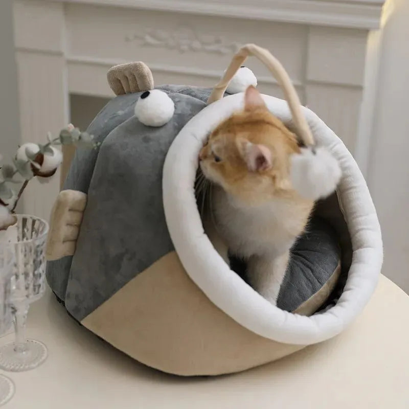 Grey semi-closed cat house with deerskin velvet interior in medium size