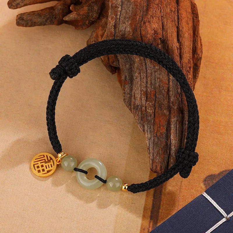Hetian jade peace buckle blessing card carrying strap bracelet in silver geometric design