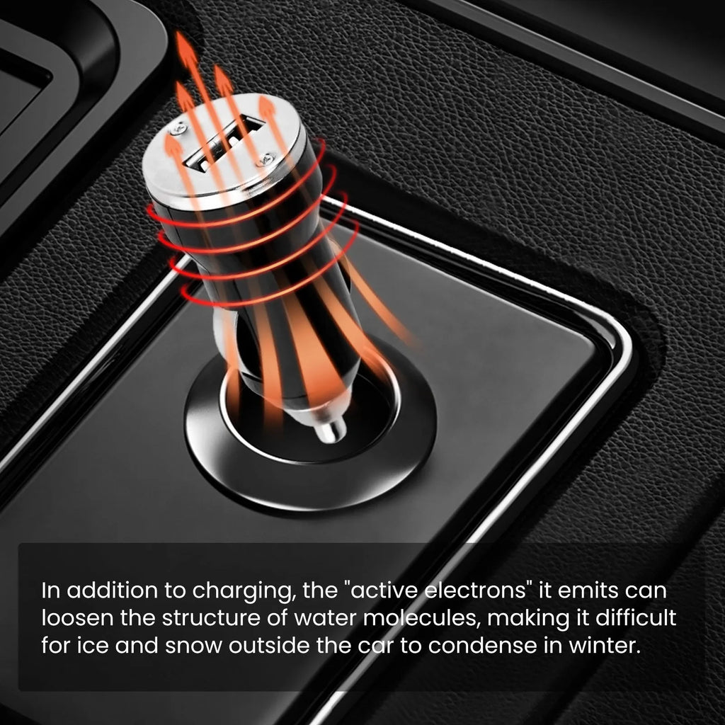 Black portable car deicer and charger unit measuring 5.5 by 2.3 centimetres