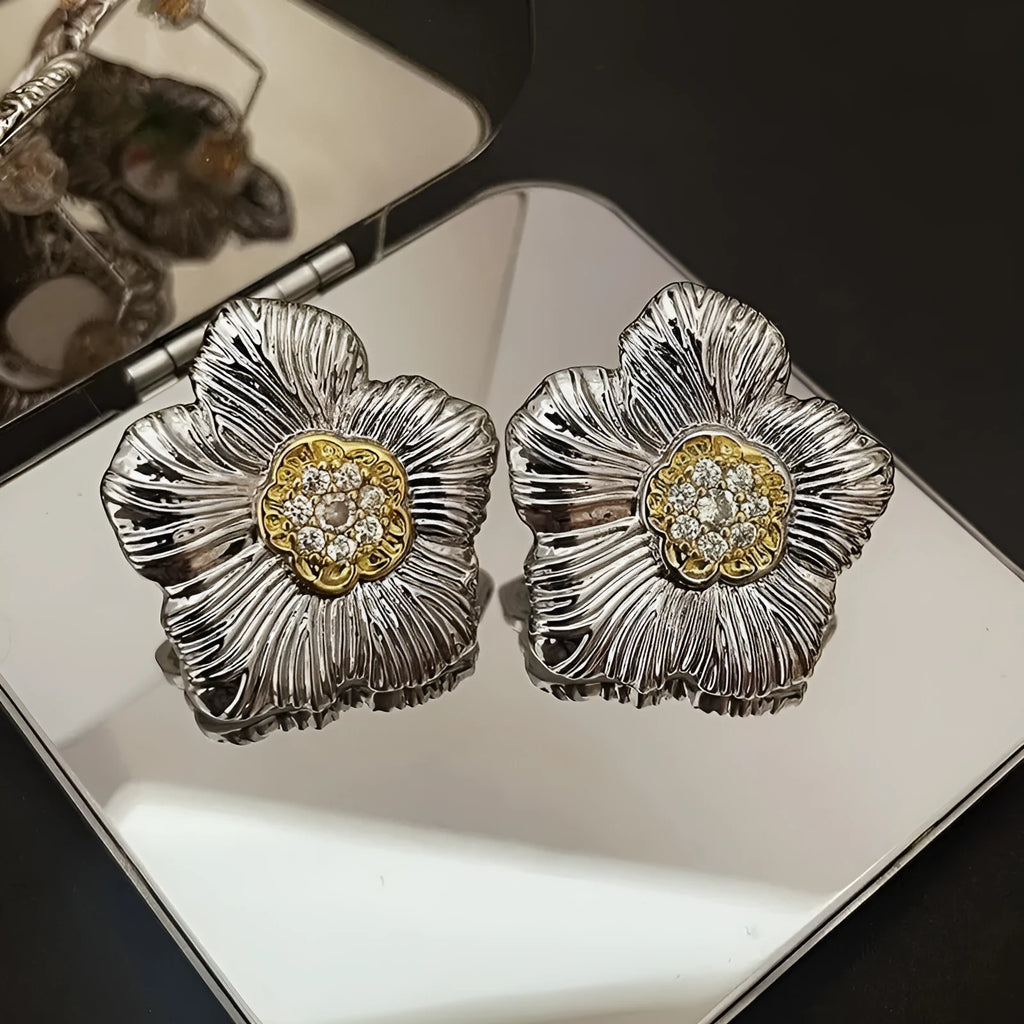 Retro textured gardenia stud earrings with two-tone electroplated finish on copper construction