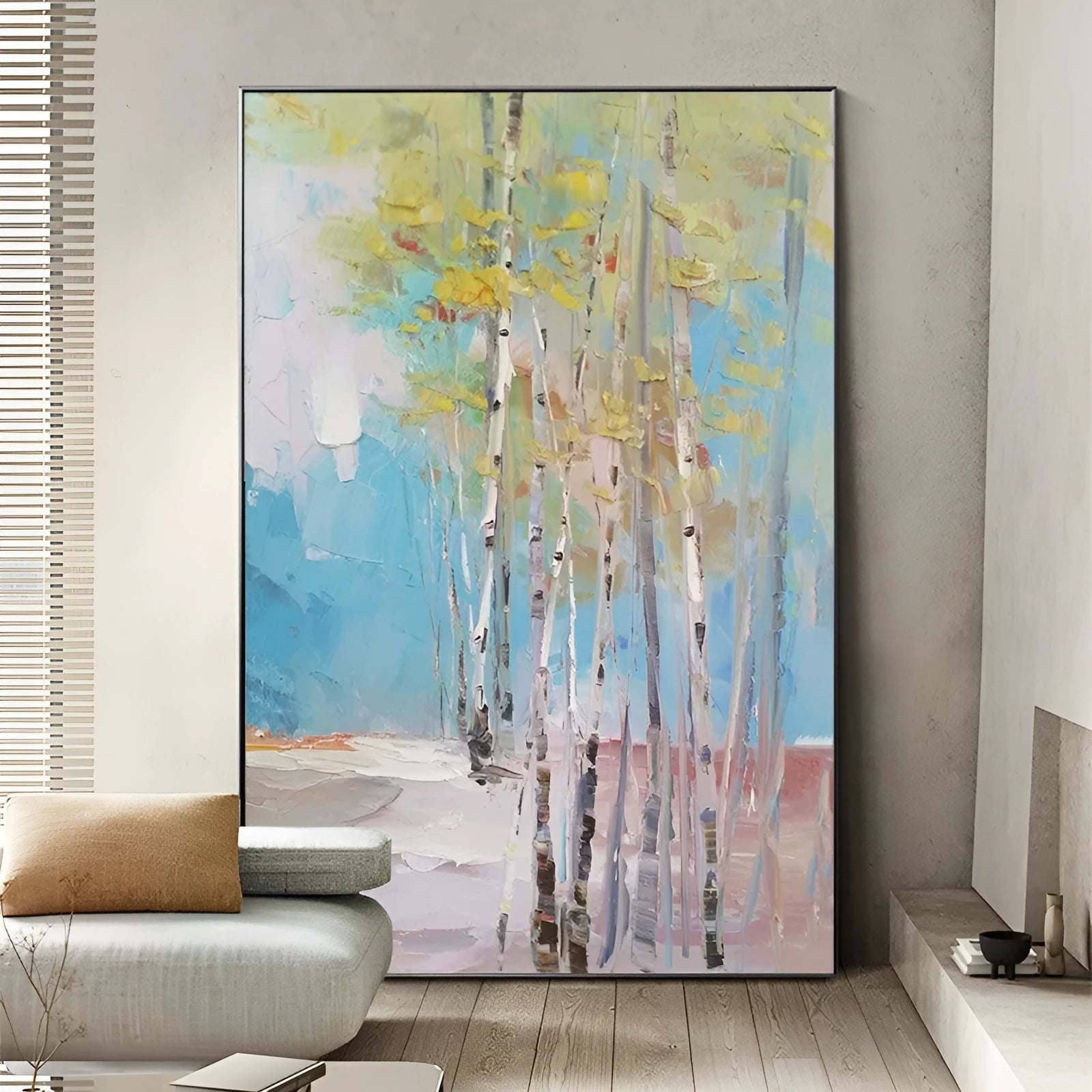 Handmade oil painting of a birch forest landscape on canvas, frameless and unstretched for wall decor
