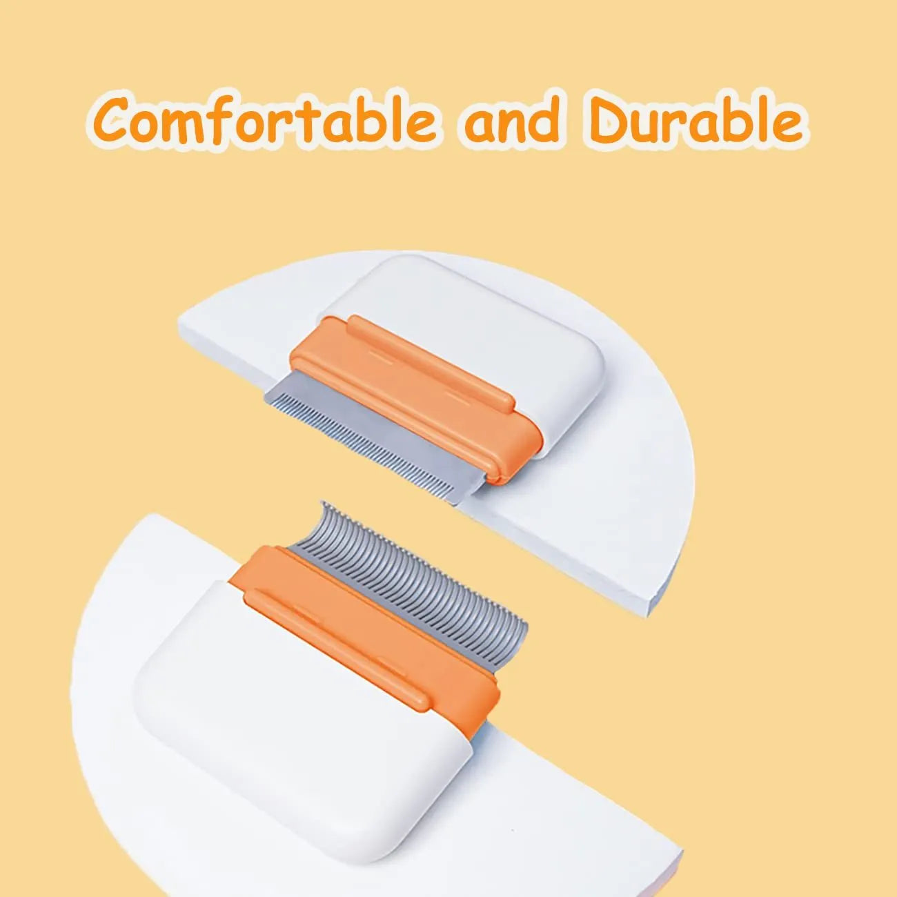 Blue double-sided pet grooming comb with stainless steel teeth on a wooden table