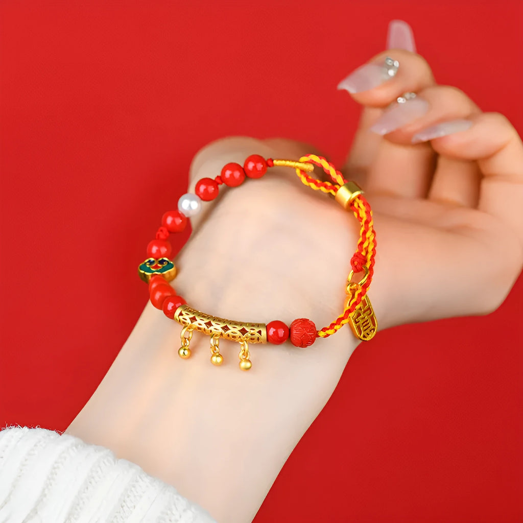 Cinnabar red rope bell-bracelet with hand-woven geometric design and round elements