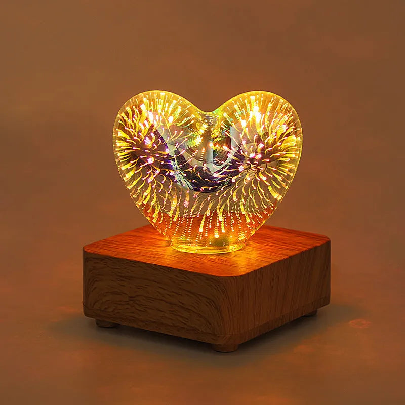 3D love glass small night lamp silver colour USB powered with electroplated glass and wood base 73x84mm