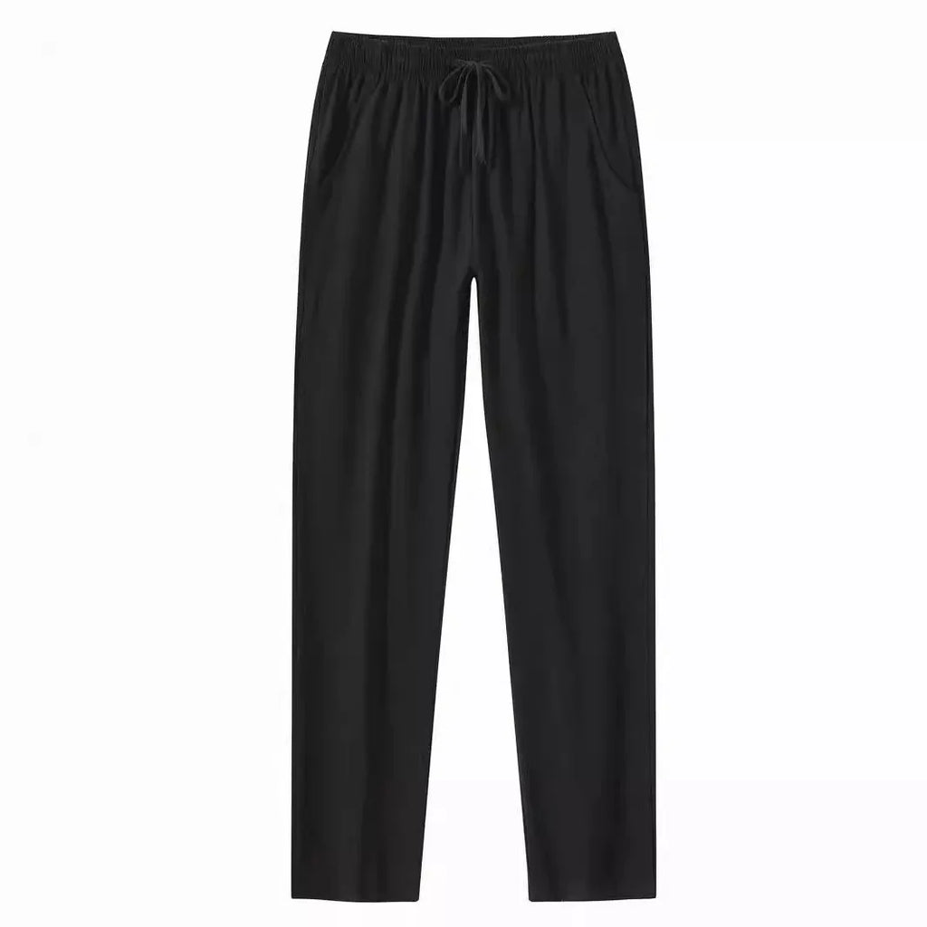 Men's cotton linen beach trousers in loose fit showing solid colour options