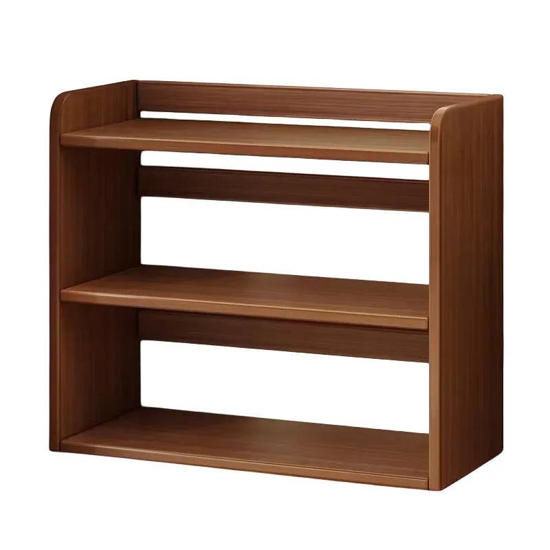 Three-layer 50cm desktop bookshelf in dark walnut or white oak colour, density plate storage rack for desk or tabletop.