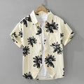 Apricot and white loose fit Japanese style short sleeve printed shirt on hanger