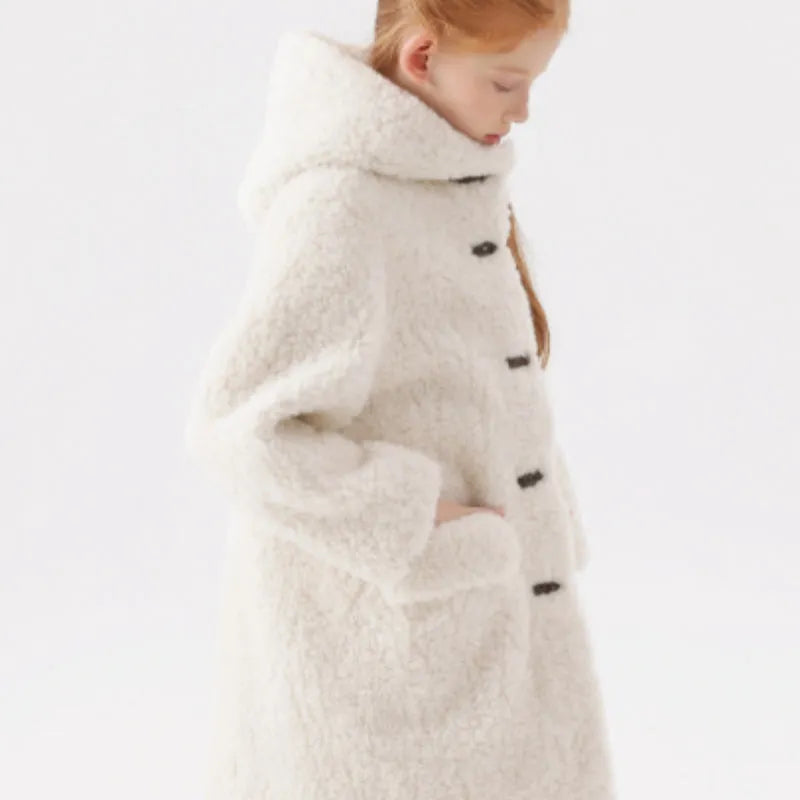 Girls imitation lamb wool mid-length polyester winter coat in pink, grey and white on a hanger