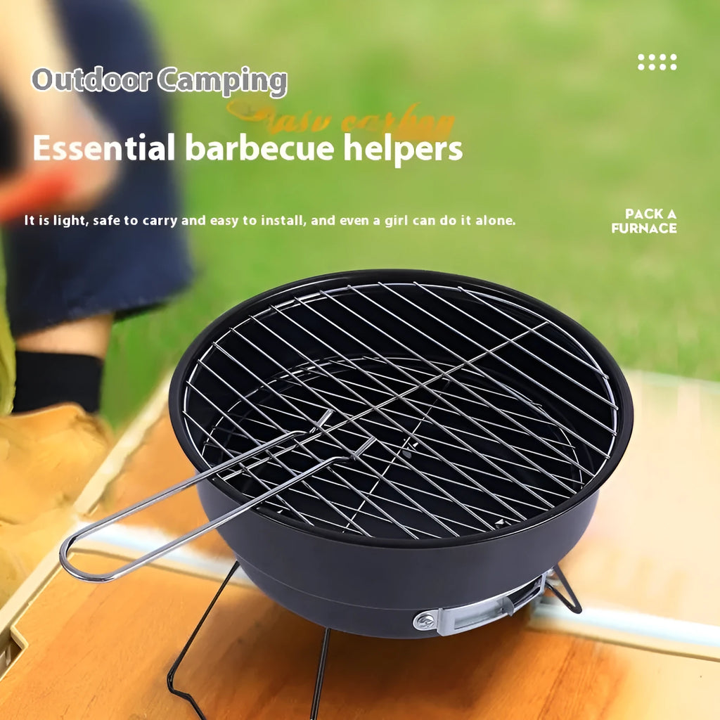 Small round folding metal ice stove with grill and foldable legs packed in a carry bag.