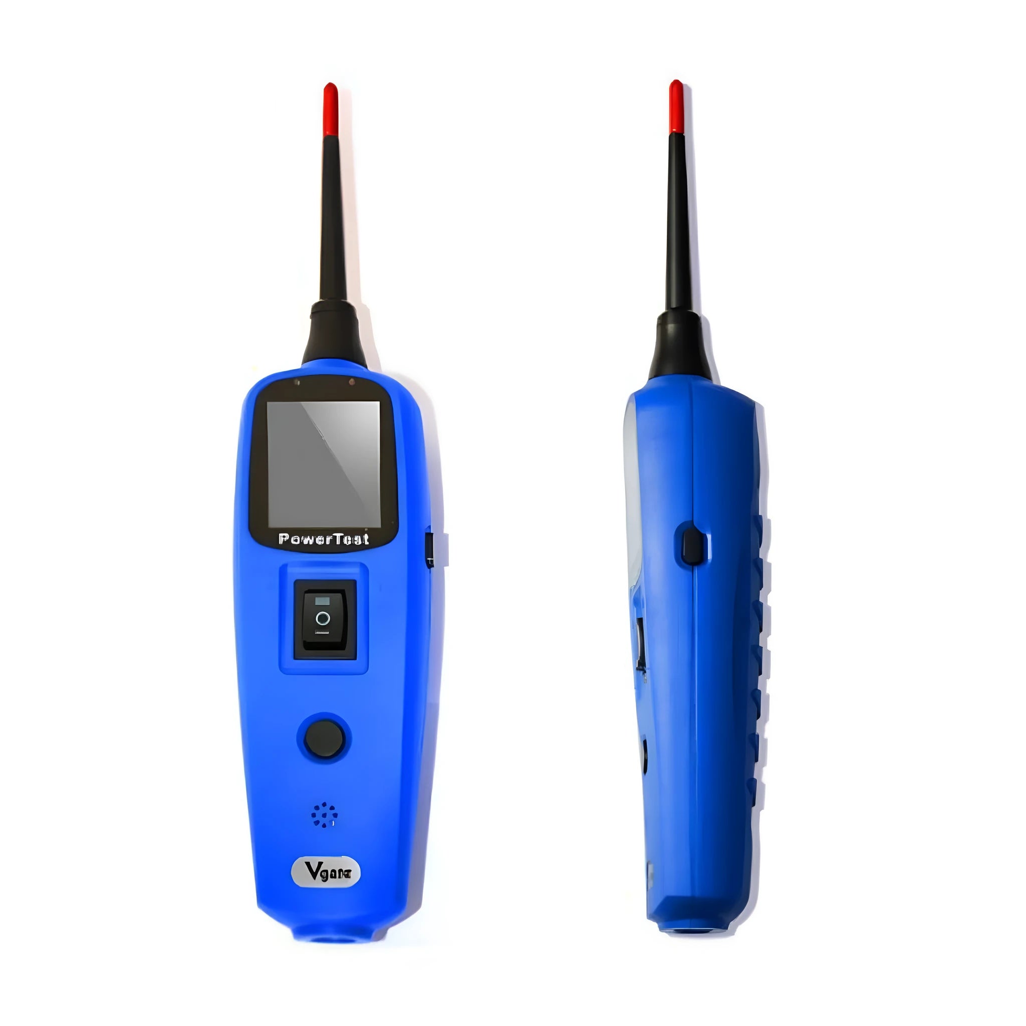 Blue automotive power circuit test pen with TFT display, extension cable, and accessories in blow moulded case