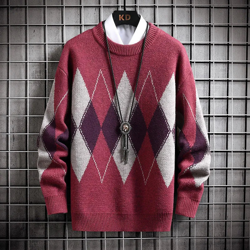 Men's round neck loose plaid sweater in black, grey or red, long sleeve, sizes M to 3XL