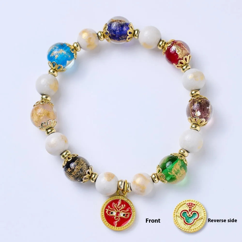 Handmade glazed glass bracelet with Five Gods of Wealth design in 10mm geometry shape.