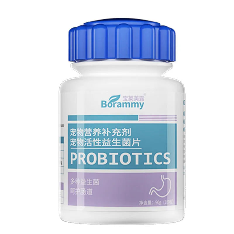 Bottle of 180 pet probiotic tablets for dog and cat digestive health supplementation.