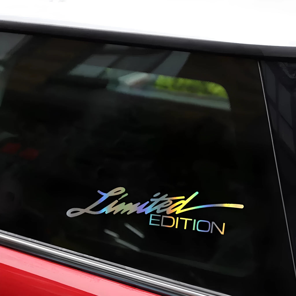 Limited edition laser reflective car sticker with black text design on PET material