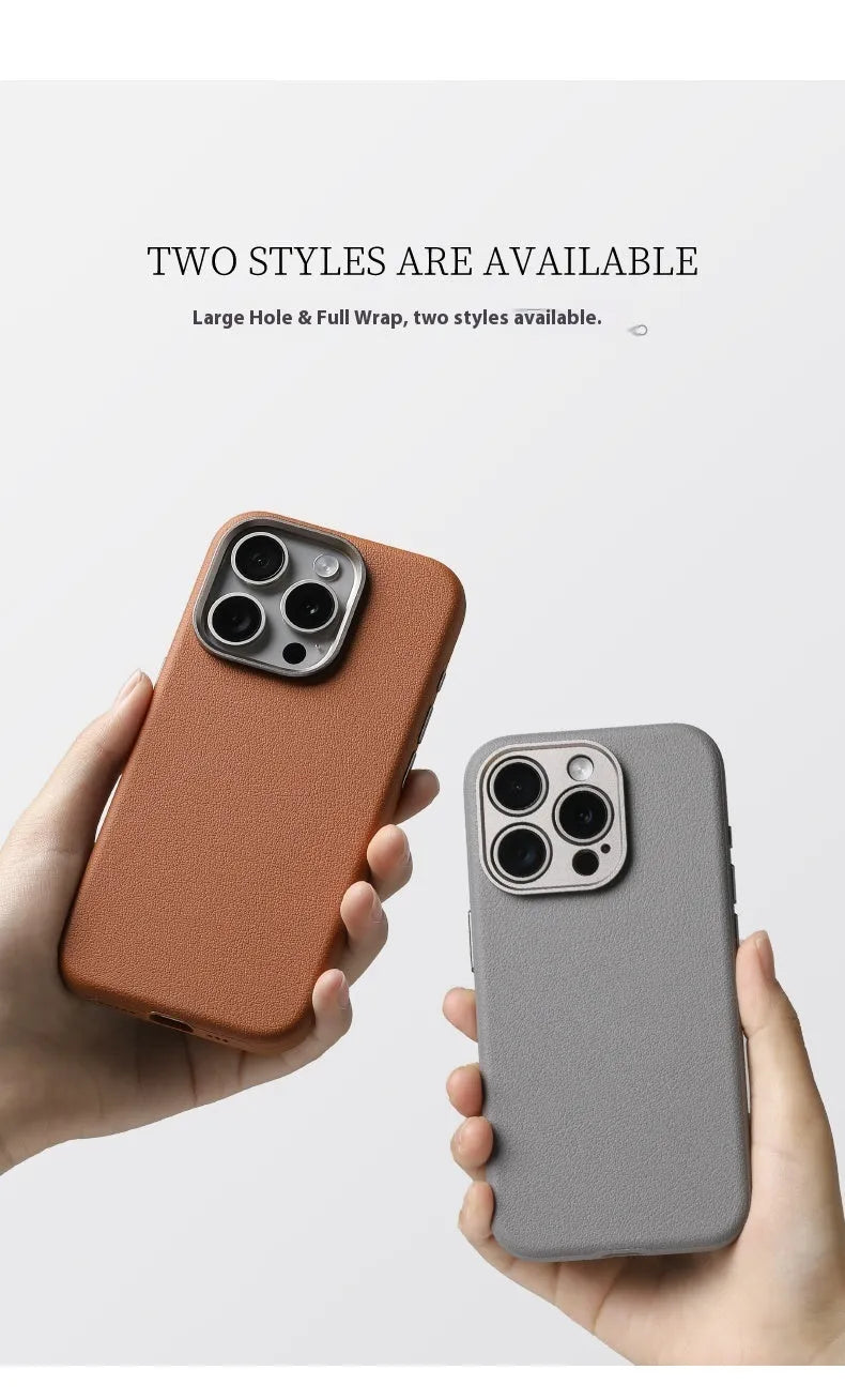Black genuine leather iPhone case with metal camera lens guard showing Magsafe magnet ring