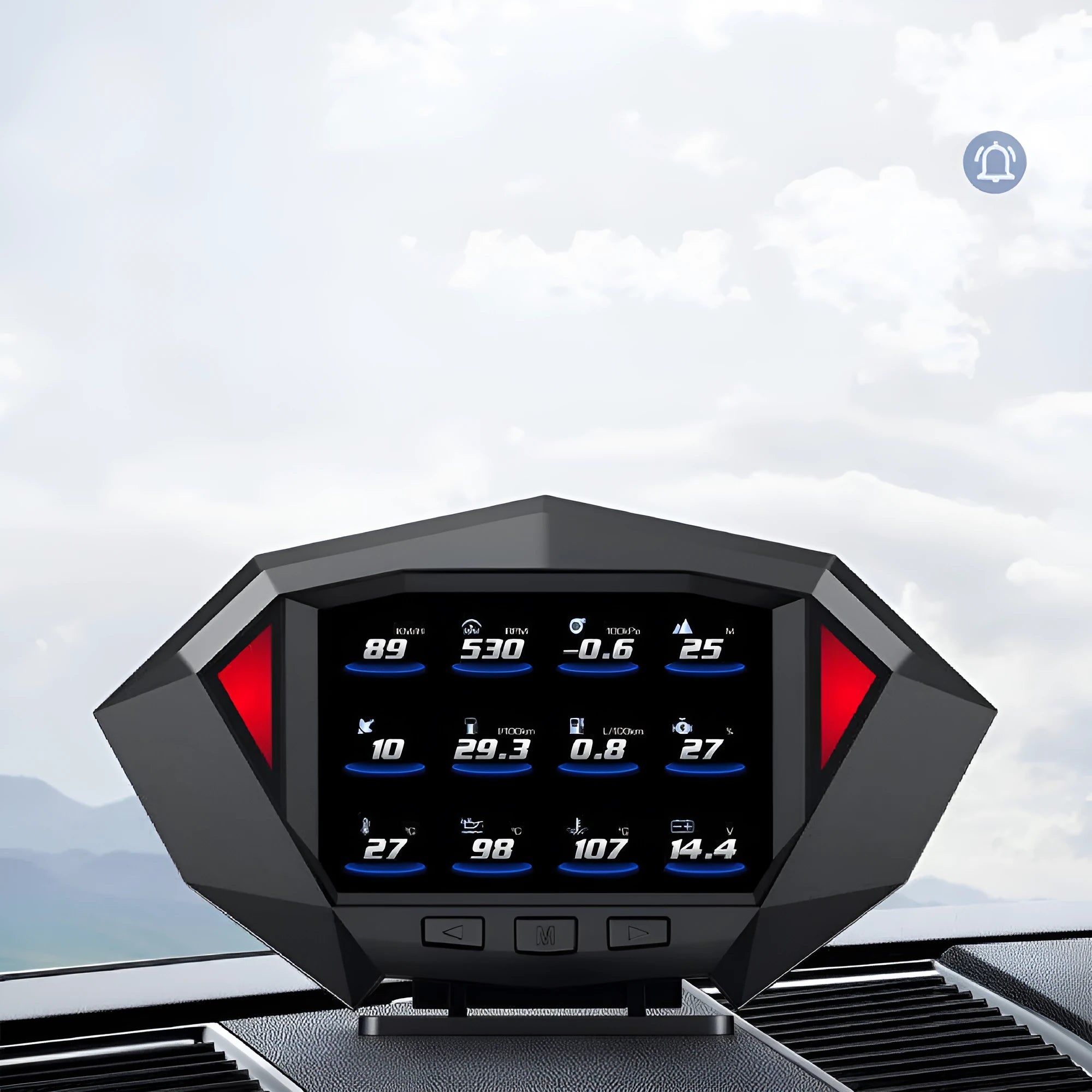 Black vehicle head-up display unit with OBD cable on a car dashboard.