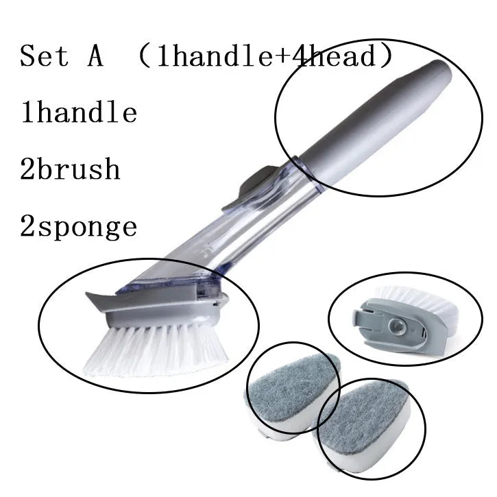2 in 1 long handle cleaning brush with removable brush head and sponge for kitchen use