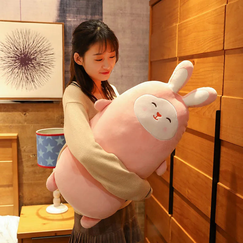 Cherry blossom pink plush rabbit doll with a soft fabric body, shown in 55cm, 75cm and 100cm sizes.
