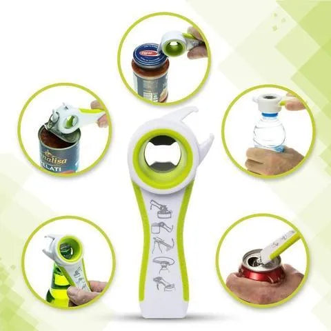 5 in 1 stainless steel and PP can opener and bottle opener, 14.5 cm by 5 cm, 70 g, in black, black grey, green, purple or white.