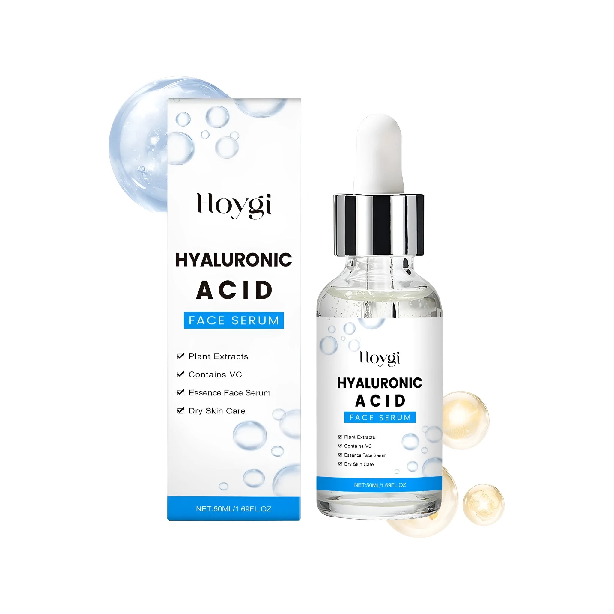 50ml bottle of hyaluronic acid and vitamin C facial serum for anti-aging skincare.