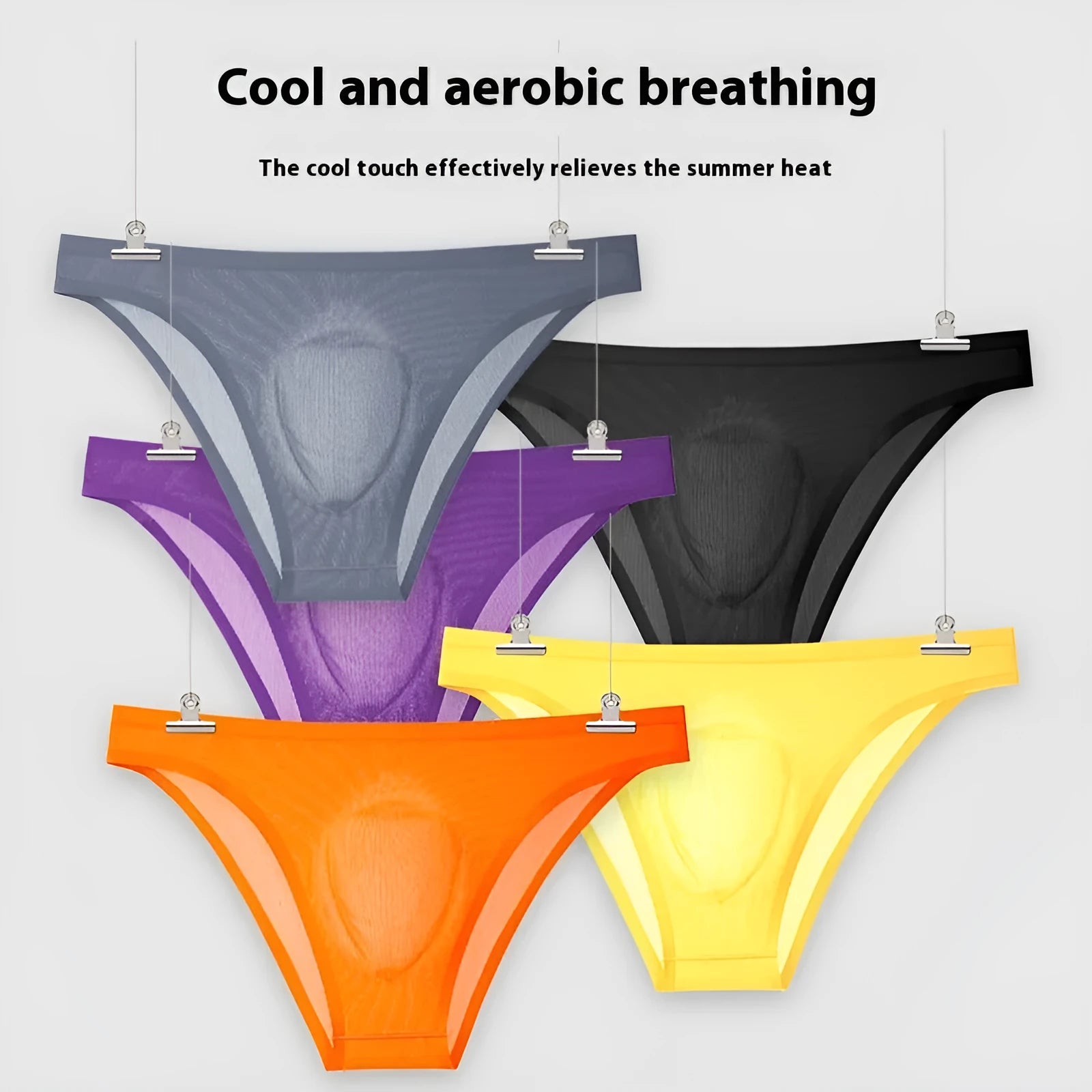 Ultra-thin ice silk seamless low waist panties in various solid colours on a white background.