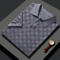Men's mulberry silk short sleeve sweater with lapel collar in a solid colour, showing business casual style.