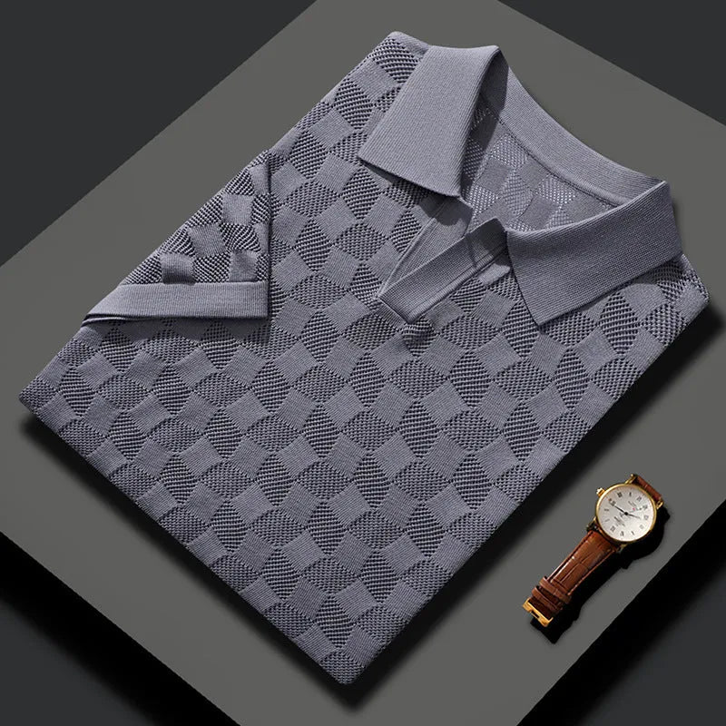 Men's mulberry silk short sleeve sweater with lapel collar in a solid colour, showing business casual style.