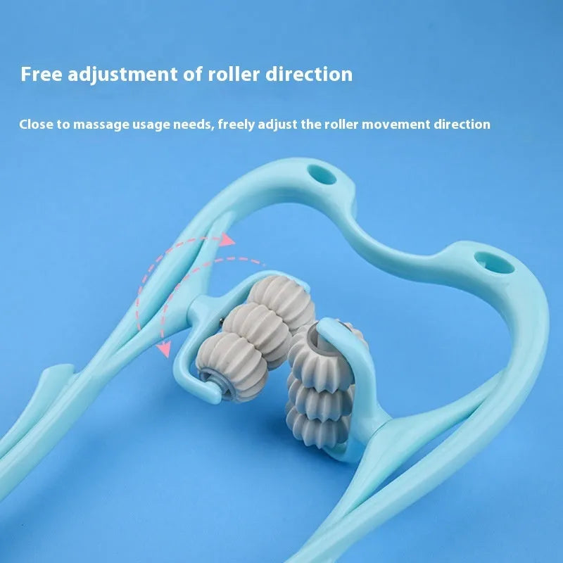 Blue six-wheel manual neck and shoulder massager with adjustable intensity settings on a white background