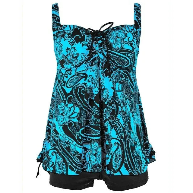 Plus size two-piece swimwear set in polyester with hedging detail, available in Leaf, Green, Blue, and Red, sizes XL to 6XL.