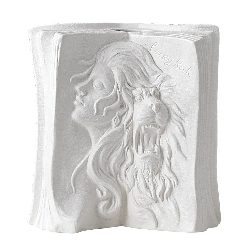 Glazed ceramic book stand ornament in one of four decorative styles on a wooden desk.