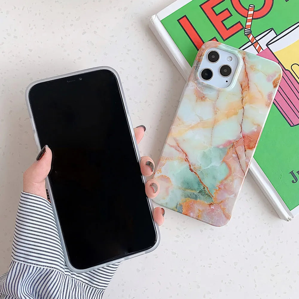 Jade marble silicone phone case with square leopard print pattern on an iPhone